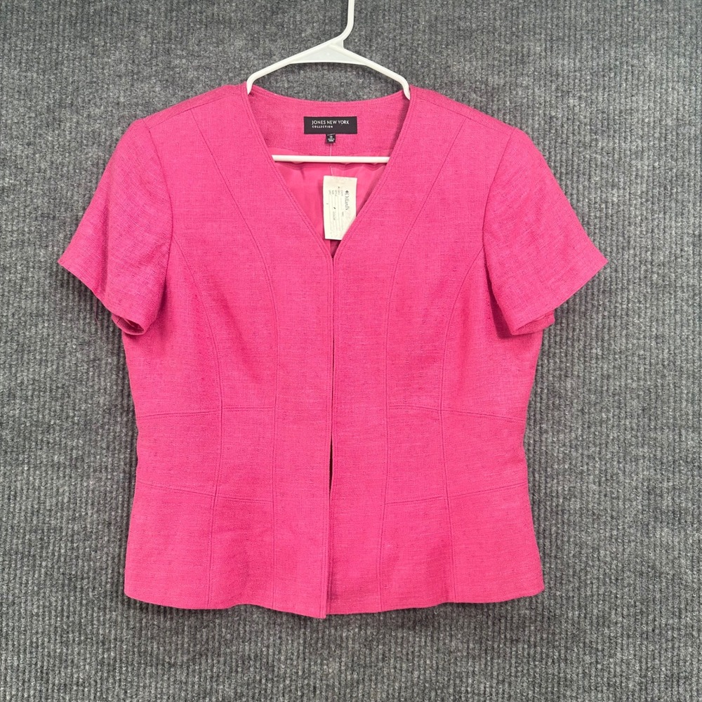 Jones New York Blazer Womens 10 Pink Excellent Short Sleeve Linen Blend V-Neck